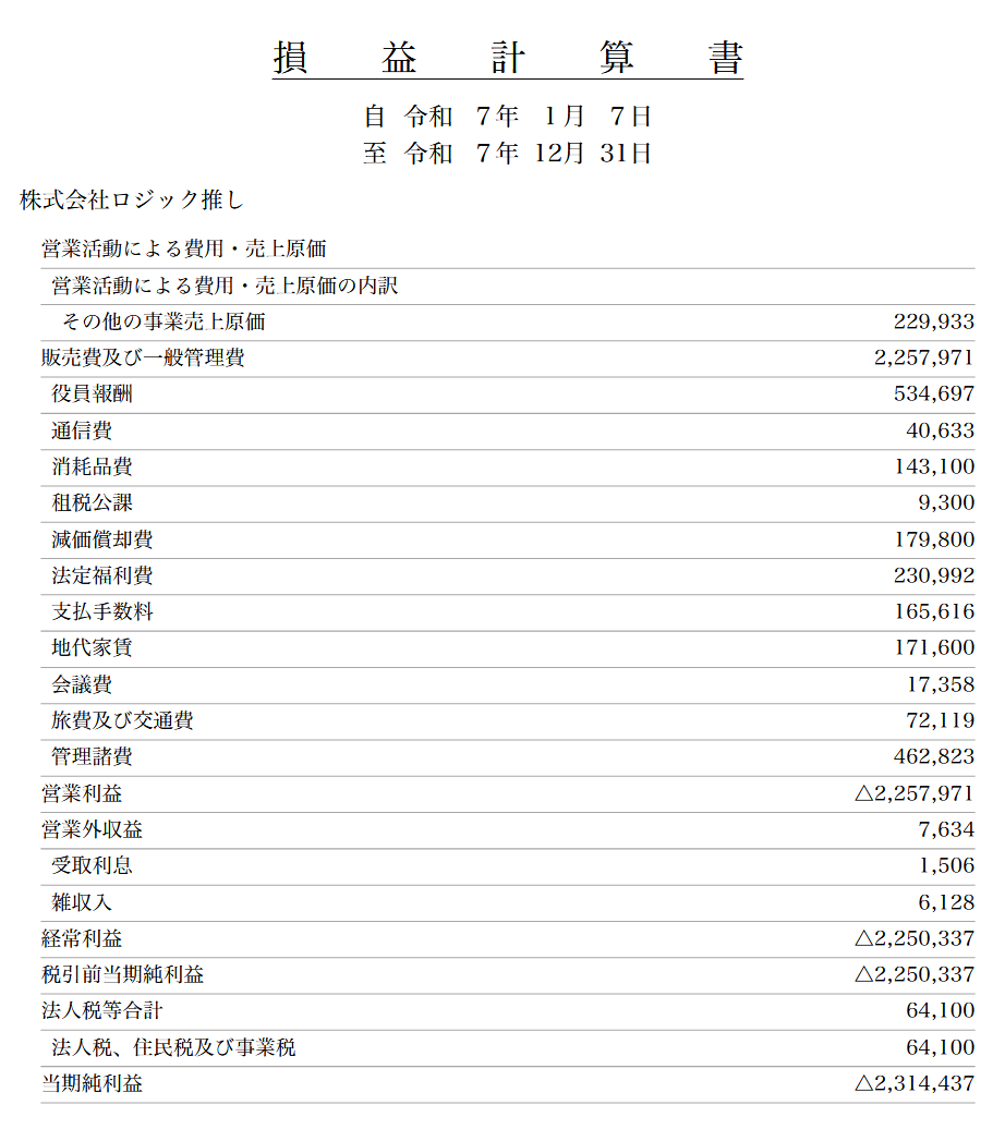 【freee使用】税理士無しで決算書を作成しよう【株式会社の社長になるためのミニマムガイド 】 株式会社ロジック推し 損益計算書2025
